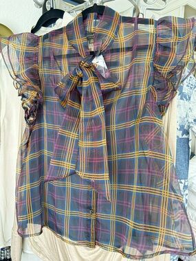 Anthropologie Sheer Plaid Tie-Neck Blouse - Blue/Gold/Pink - with camisole. NWT